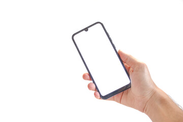 Hand holding blank white screen phone isolated on white background.