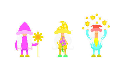 Set Abstract Collection Cute Flat Cartoon Different Character Gnomes Girls With Flowers Vector Design Style Elements