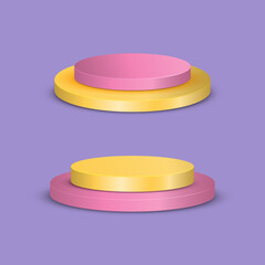 Pink and yellow round multi-angle pedestal empty isolated on purple background. Vector podium for product demonstration.