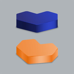 Blue and orange heart pedestal multi-angle empty isolated on purple background. Vector podium for product demonstration.