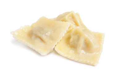 Boiled ravioli with tasty filling on white background