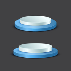 white and blue multi-angle round pedestal empty isolated on gray background. Vector podium for product demonstration.