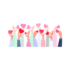 Many hands of different people hold hearts. Concept: public support, unanimous, donation, world compliment day. Hand border.Vector illustration, flat cartoon, isolated on white background, eps 10.