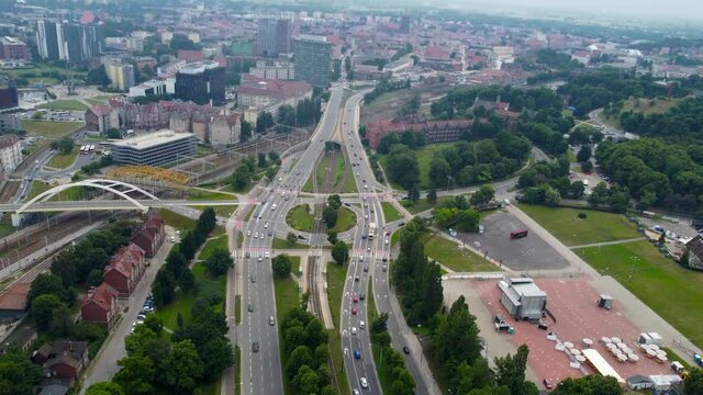 Aerial view of Gdansk with roundabout of Katyn Victims at cloudy day.
