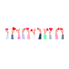 Hands of different people hold hearts. Concept: community, donations, social assistance, support of the population, people together give good, love. Place for your text. Hand border. Vector. - obrazy, fototapety, plakaty