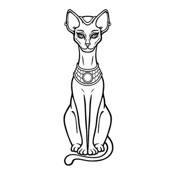 Animation portrait Ancient Egyptian goddess Bastet (Bast). Sacred cat. Vector illustration isolated on a white background. Print, poster, tatoo.