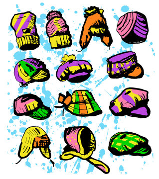 Vector large set of hats for all seasons in different modern and hippie styles, using green, pink, yellow, purple colors. It can be used as separate elements in the design. Background of splashes.