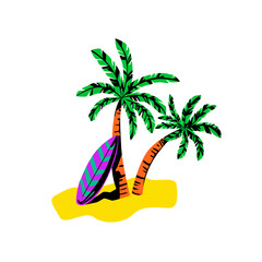 Vector illustration with a surfboard and palm trees on a sandy beach. The concept of summer outdoor activities, surfing, water sports. It can be used in logos, labels, advertising, posters, etc.