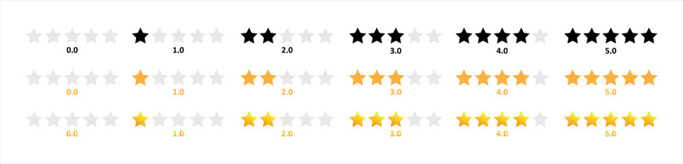 Product rating or customer review with gold stars and half star flat vector icons for apps and websites, Set of stars quality rating icon. vector Illustration