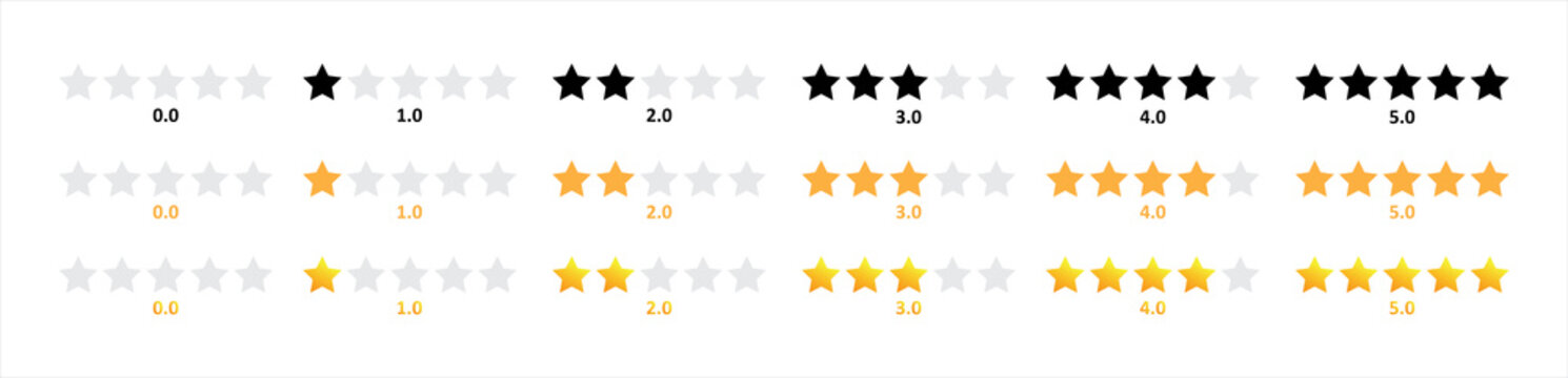Product rating or customer review with gold stars and half star flat vector icons for apps and websites, Set of stars quality rating icon. vector Illustration