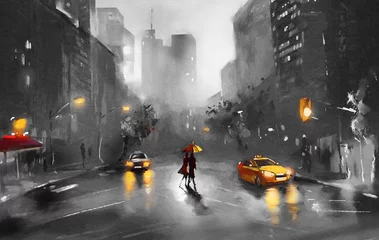 Türaufkleber Ölgemälde auf Leinwand, Straßenansicht von New York, gelbes Taxi, moderne Aquarellkunst, amerikanische Stadt, Illustration New York © lisima
