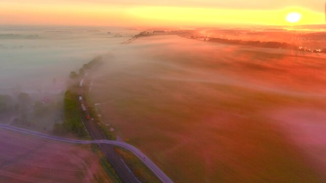 Freight train rolls through misty countryside at sunrise.
