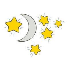 Moon and yellow stars on a white background. Vector cartoon isolate illustration.