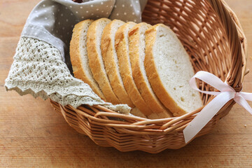 A wicker basket with sliced bread.