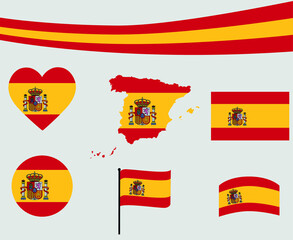 Obraz premium Spain Flag Map Ribbon And Heart Icons Vector Illustration Abstract Design Elements collection
