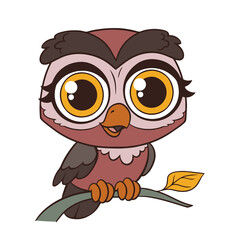 A cute brown owl with big eyes sits on a branch. Vector illustration in cartoon children s style. Isolated funny clipart character on white background. Cute forest bird print