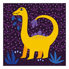 Vector card or poster with cute yellow diplodocus dinosaur on a purple background