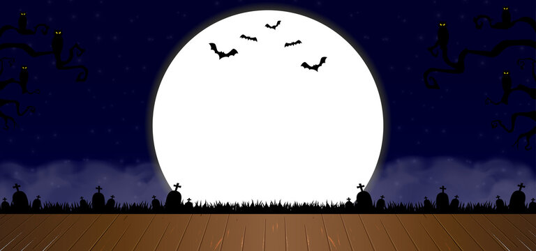 Halloween realistic background with midnight view, bright moon, bat, tombstone, owl and fog