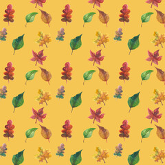 Seamless autumn pattern of multicolored leaves. Design of a template, packaging, photo wallpapers, covers, fabrics, textiles.