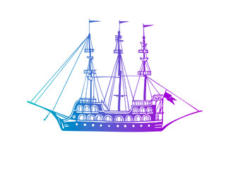 Vintage pleasure ship, old boat in the sea. Pirate schooner. Hand drawn sketch. Line art. Colourful vector illustration on white background.