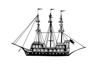 Vintage pleasure ship, old boat in the sea. Pirate schooner. Hand drawn sketch. Line art. Black and white vector illustration on white background.