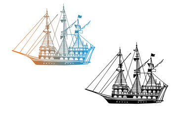 Two Vintage Ships, old boats in the sea. Pirate schooners. Hand drawn sketch. Line art. Black and white vector illustration on white background