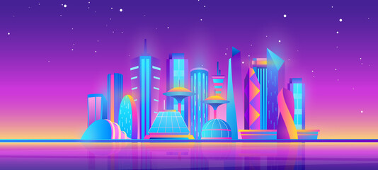Futuristic night city skyline vector illustration. Cartoon purple future modern cityscape with town building skyscrapers and neon glow city lights, stars in sky, urban evening panorama background