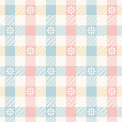 Gingham check pattern with flowers. Floral multicolored vichy tartan graphic background vector graphic for tablecloth, oilcloth, picnic blanket, other modern spring summer fashion textile design.