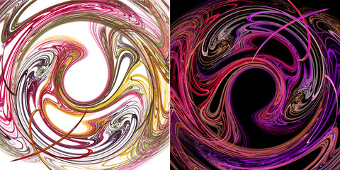 Colorful smooth vortex flows on white and black backgrounds. Two backgrounds in one. Set of abstract fractal backgrounds. 3d rendering. 3d illustration.
