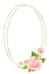 Vertical frame with pink roses and gold geometric frame. Floral template for wedding invitations, Valentine's Day postcards, posters, banners. Watercolor clipart on white background