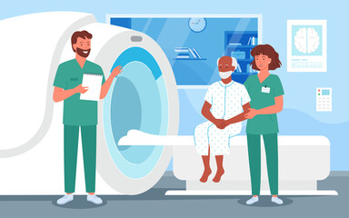 Mri scanning diagnostic procedure for senior people in hospital vector illustration. Cartoon old man patient character on doctor mri scanner appointment, digital technology in medicine background - obrazy, fototapety, plakaty