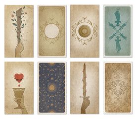 Aces of the minor arcana of the Tarot. Wands, Pentacles, Cups and Swords. Cards back. Illustrations on aged and damaged paper, isolated on white background - obrazy, fototapety, plakaty