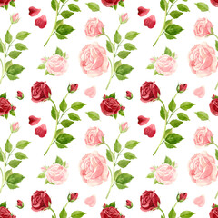 Pink and red roses seamless pattern. Flowers, buds and rose petals. Floral background in vintage style. Watercolor clipart.