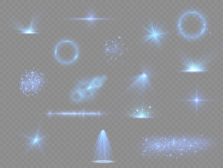 Blue light effect, dust, flare, explosion, stars.