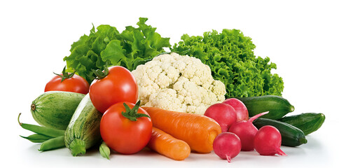 composição com legumes e verduras - tomate, alface, cenoura, rabanete, abobrinha e couve-flor