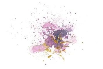 Poster Watercolor flow blot with drops splash. Abstract texture lilac and gold color stain on white background. © Liliia