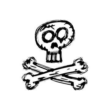 Skull and bones ink sketch drawing. Front view. Black contour linear silhouette. Vector simple flat graphic hand drawn illustration. The isolated object on a white background. Isolate.