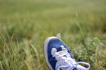 Against the background of green and dry grass, the sneakers on which the butterfly sat, the moment...