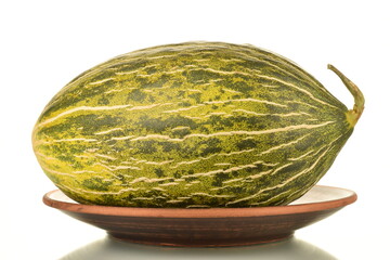 One juicy ripe melon on a clay dish, close-up, isolated on white.