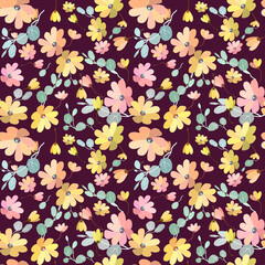 Fototapeta na wymiar Cute pattern in small flowers with eucalyptus. Small pink, yellow flowers. Exotic burgundy background. Seamless floral pattern, texture