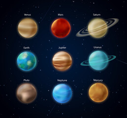 Solar system planets, science vector illustration. Realistic 3d sphere of Earth Mars Mercury Jupiter Venus Neptune Pluto Saturn Uranus with rings on night dark sky, infographic education background