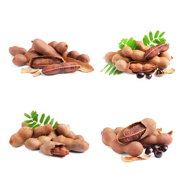 Set with delicious ripe tamarinds on white background. Exotic fruit