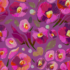 Colorful poppy seamless vector pattern with abstract flowers and plants. Colored hand drawn decorative poppies on pink background. Floral vector texture, print.
