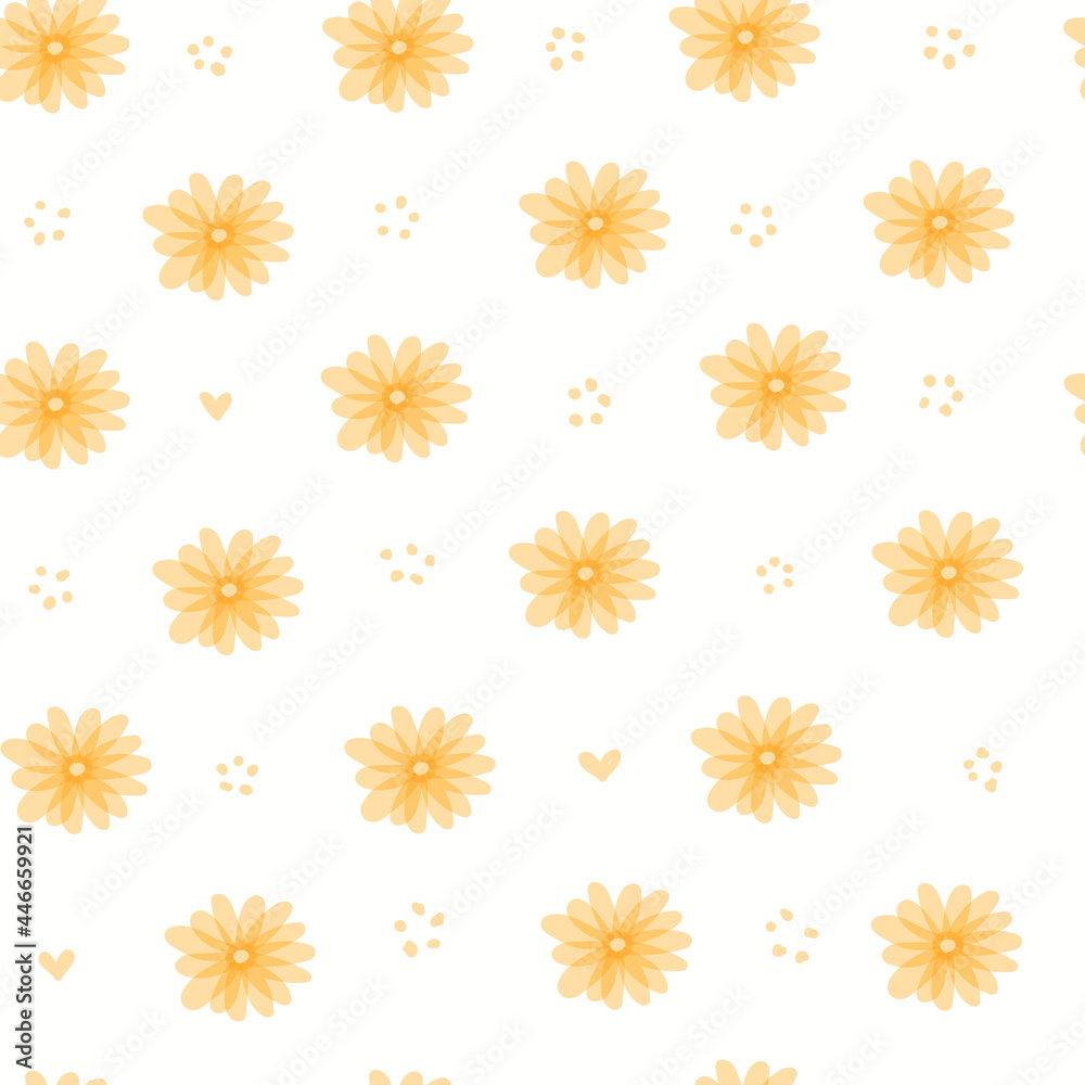 Wall mural cute pastel white pattern orange flowers hearts line doodle. seamless background. textiles for baby 