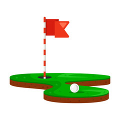 hole and golf ball on a green lawn. flat vector illustration.