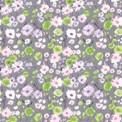 Simple cute pattern with small green and white flowers on grey. Drawn floral seamless meadow background, print. Vector illustration of wild cornflowers, chamomile