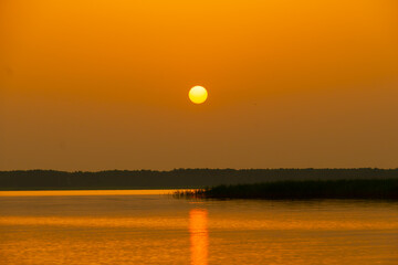 sunset at coast of the lake. Nature landscape. Nature in northern Europe. reflection, blue sky and yellow sunlight. landscape during sunset.