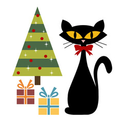 Colorful abstract Mid Century style illustration with black cat, Christmas tree and Christmas gifts decoration - 446661597
