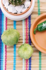overhead of tomatillos on colorful background