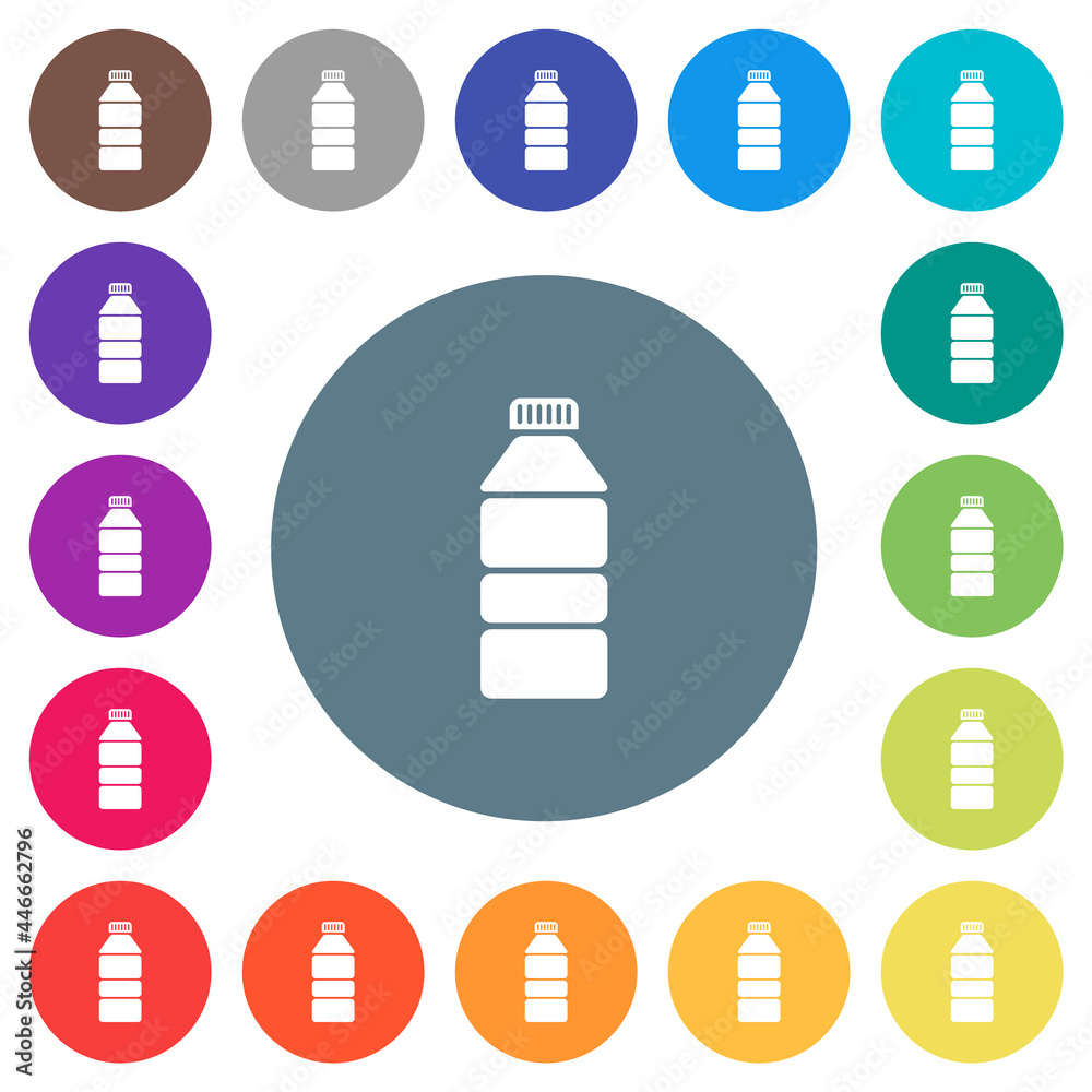 Wall mural Water bottle solid flat white icons on round color backgrounds